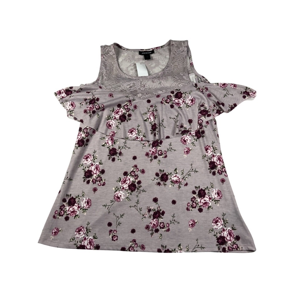 Joe Boxer Women's Floral Lace Cold Shoulder Ruffle Top Lilac Pink Size L